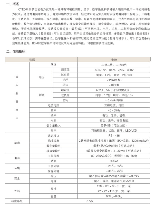 CYED系列多功能電力儀表指標(biāo)及概述